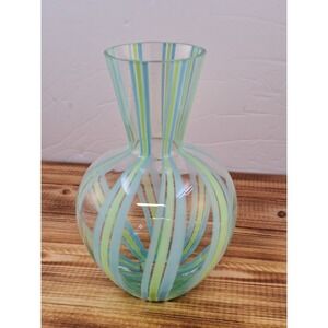 Lovely Art Glass Vase Striped Blue & Green Round Belly, 7",‎ Nice Quality, FTD